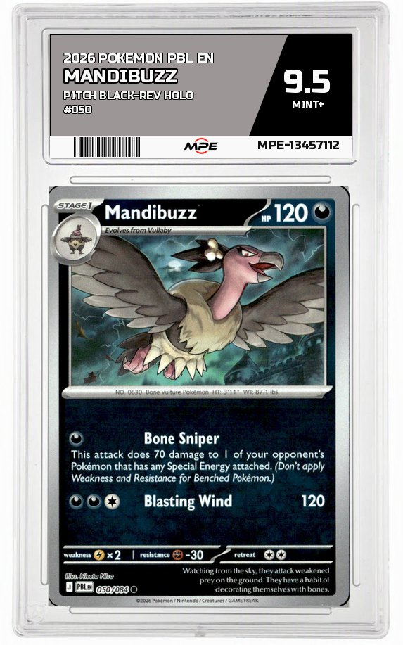 2026 POKEMON PBL EN Pitch Black-REV HOLO #050 MANDIBUZZ MPE 9.5 MINT+ — graded card auctioned from the MPE vault