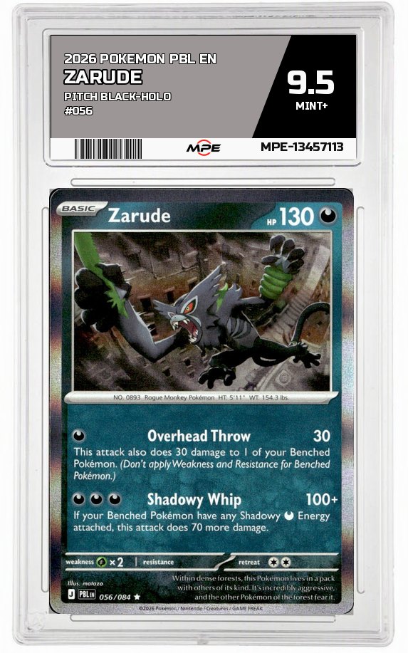 2026 POKEMON PBL EN Pitch Black-HOLO #056 ZARUDE MPE 9.5 MINT+ — graded card auctioned from the MPE vault