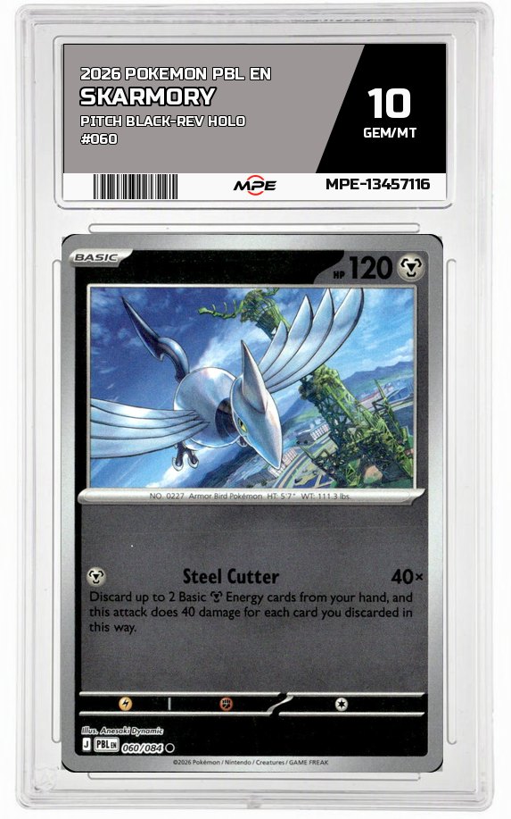 2026 POKEMON PBL EN Pitch Black-REV HOLO #060 SKARMORY MPE 10 GEM/MT — graded card auctioned from the MPE vault