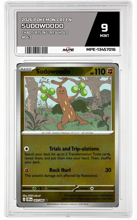 2026 POKEMON CRI EN Chaos Rising-REV HOLO #043 SUDOWOODO MPE 9 MINT — graded card auctioned from the MPE vault
