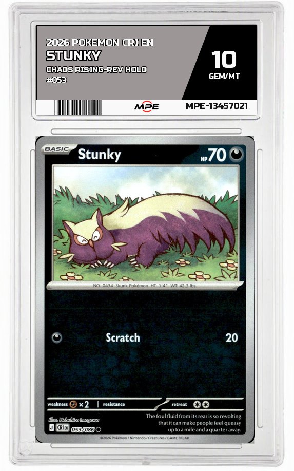 2026 POKEMON CRI EN Chaos Rising-REV HOLO #053 STUNKY MPE 10 GEM/MT — graded card auctioned from the MPE vault