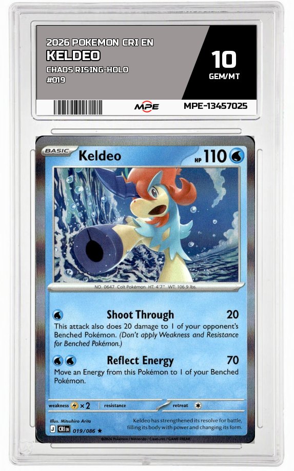 2026 POKEMON CRI EN Chaos Rising-HOLO #019 KELDEO MPE 10 GEM/MT — graded card auctioned from the MPE vault