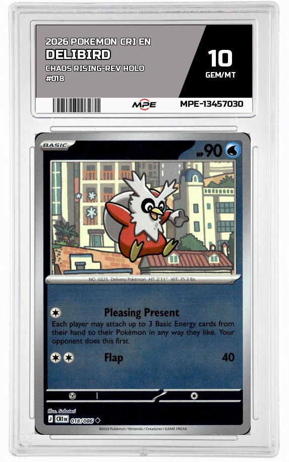 2026 POKEMON CRI EN Chaos Rising-REV HOLO #018 DELIBIRD MPE 10 GEM/MT — graded card auctioned from the MPE vault