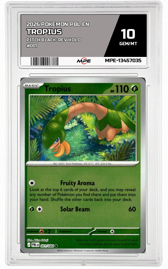 2026 POKEMON PBL EN Pitch Black-REV HOLO #001 TROPIUS MPE 10 GEM/MT — graded card auctioned from the MPE vault