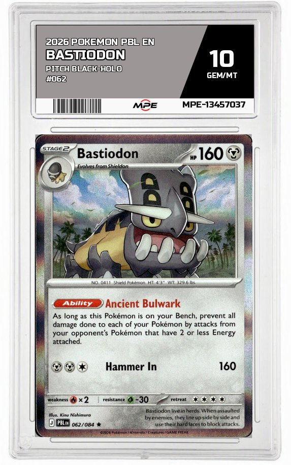 2026 POKEMON PBL EN Pitch Black-HOLO #062 BASTIODON MPE 10 GEM/MT — graded card auctioned from the MPE vault