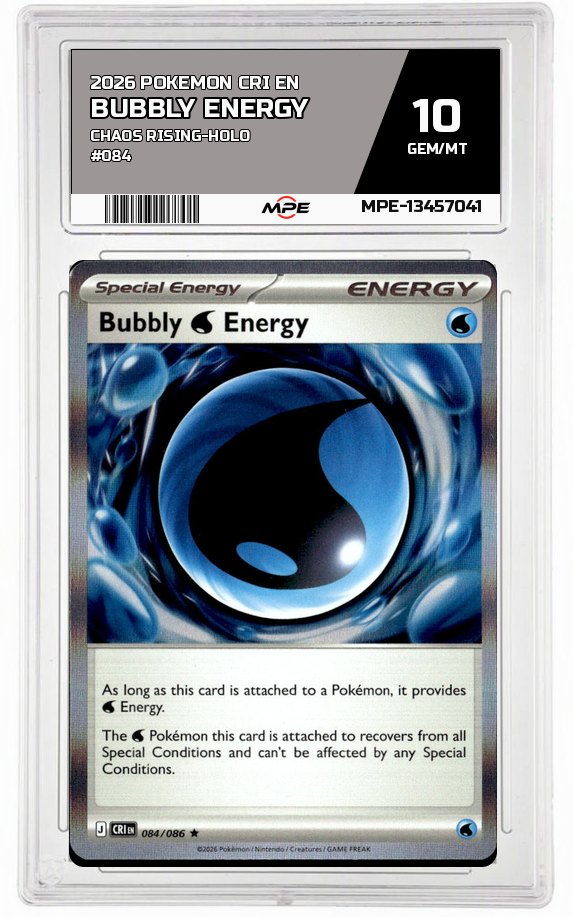 2026 POKEMON CRI EN Chaos Rising-HOLO #084 BUBBLY ENERGY MPE 10 GEM/MT — graded card auctioned from the MPE vault