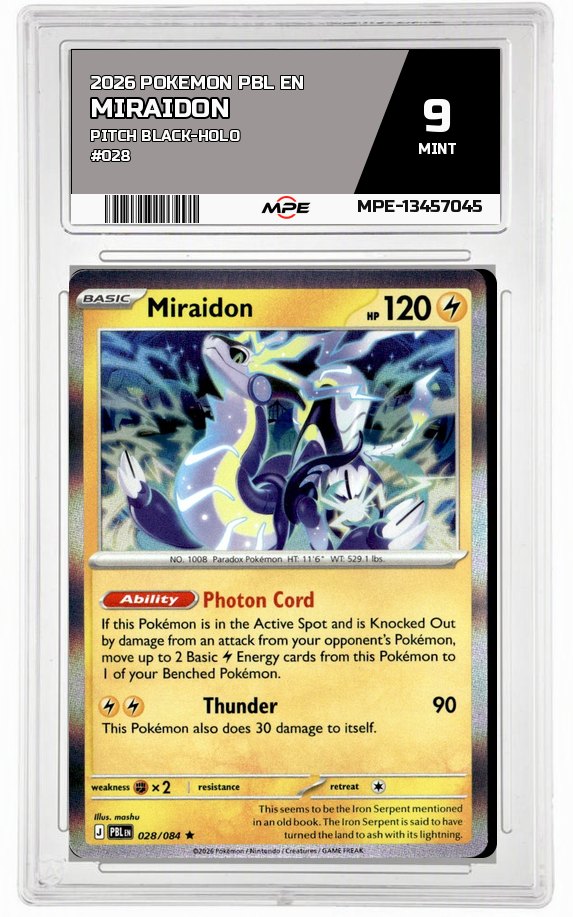2026 POKEMON PBL EN Pitch Black-HOLO #028 MIRAIDON MPE 9 MINT — graded card auctioned from the MPE vault