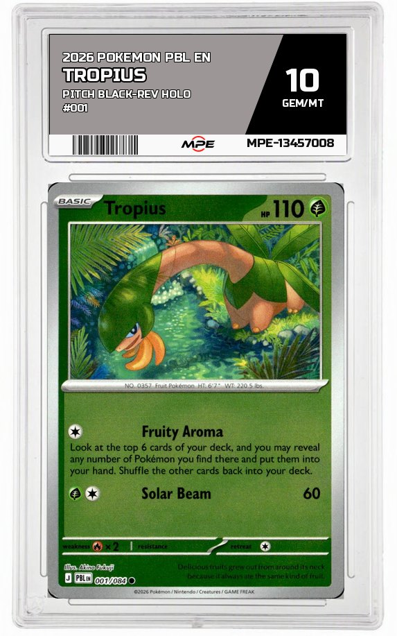 2026 POKEMON PBL EN Pitch Black-REV HOLO #001 TROPIUS MPE 10 GEM/MT — graded card auctioned from the MPE vault
