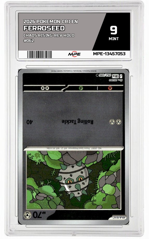 2026 POKEMON CRI EN Chaos Rising-REV HOLO #062 FERROSEED MPE 9 MINT — graded card auctioned from the MPE vault