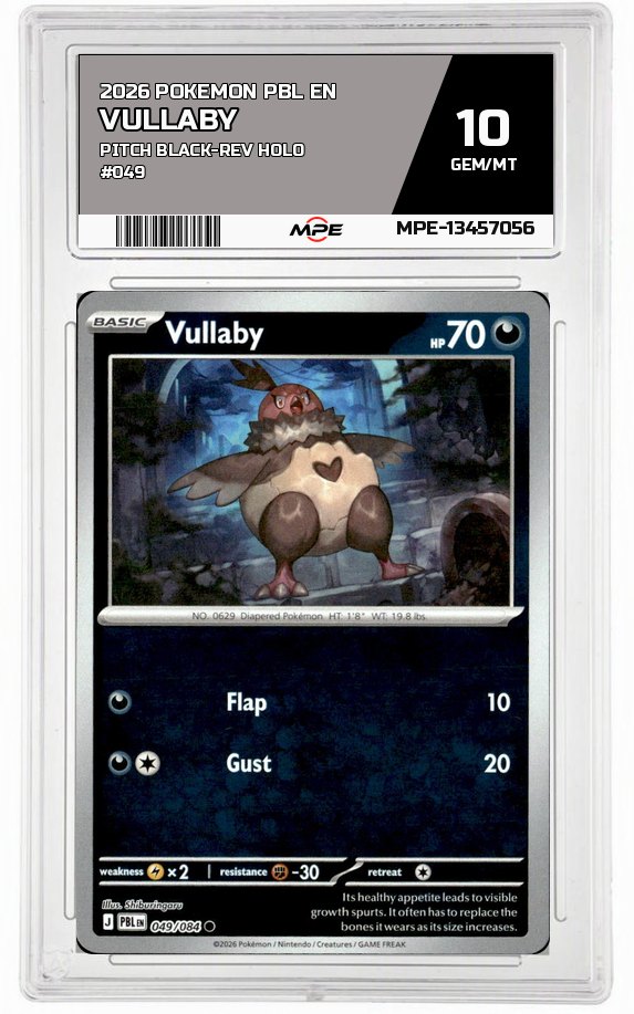 2026 POKEMON PBL EN Pitch Black-REV HOLO #049 VULLABY MPE 10 GEM/MT — graded card auctioned from the MPE vault
