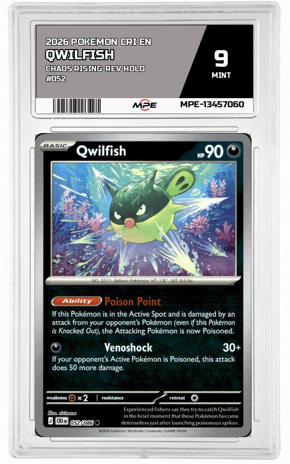 2026 POKEMON CRI EN Chaos Rising-REV HOLO #052 QWILFISH MPE 9 MINT — graded card auctioned from the MPE vault