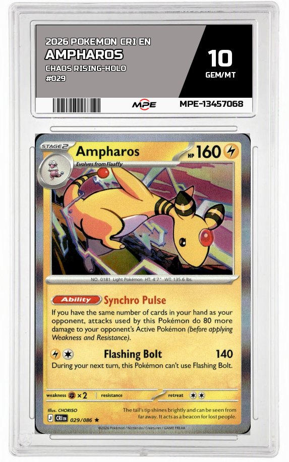 2026 POKEMON CRI EN Chaos Rising-HOLO #029 AMPHAROS MPE 10 GEM/MT — graded card auctioned from the MPE vault