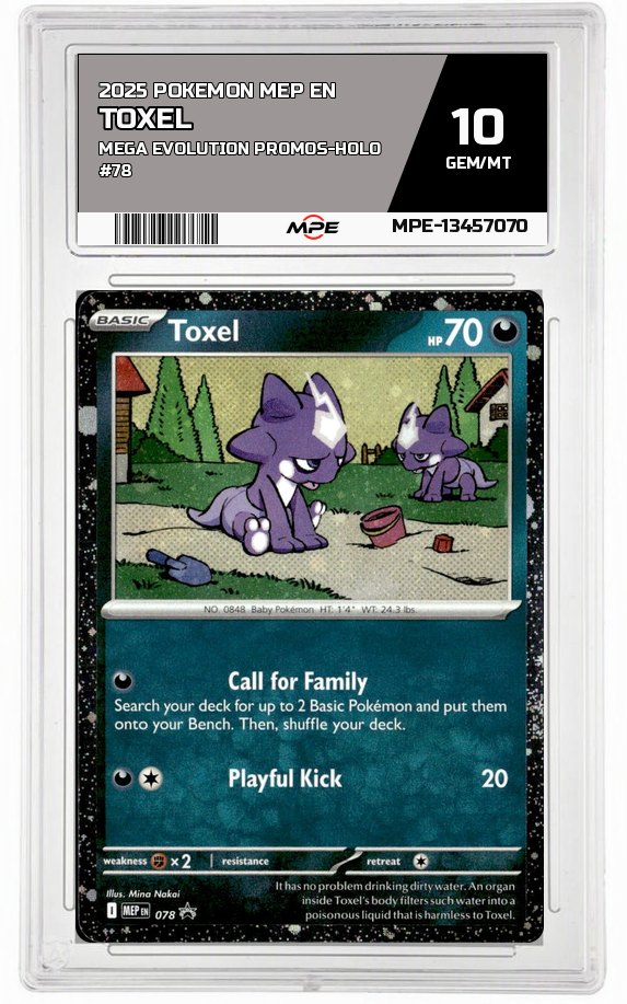 2025 POKEMON MEP EN Mega Evolution Promos-HOLO #78 TOXEL MPE 10 GEM/MT — graded card auctioned from the MPE vault