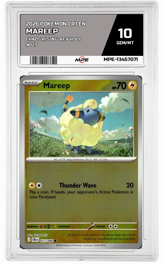 2026 POKEMON CRI EN Chaos Rising-REV HOLO #027 MAREEP MPE 10 GEM/MT — graded card auctioned from the MPE vault