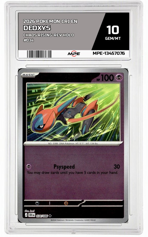 2026 POKEMON CRI EN Chaos Rising-REV HOLO #034 DEOXYS MPE 10 GEM/MT — graded card auctioned from the MPE vault