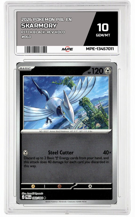 2026 POKEMON PBL EN Pitch Black-REV HOLO #060 SKARMORY MPE 10 GEM/MT — graded card auctioned from the MPE vault