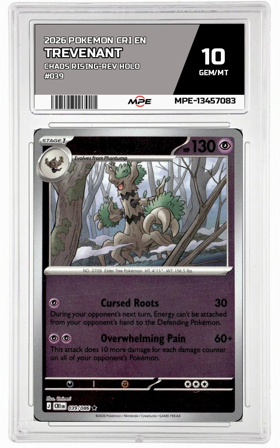2026 POKEMON CRI EN Chaos Rising-REV HOLO #039 TREVENANT MPE 10 GEM/MT — graded card auctioned from the MPE vault