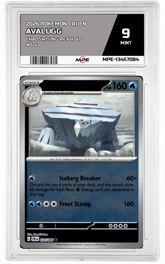 2026 POKEMON CRI EN Chaos Rising-REV HOLO #024 AVALUGG MPE 9 MINT — graded card auctioned from the MPE vault