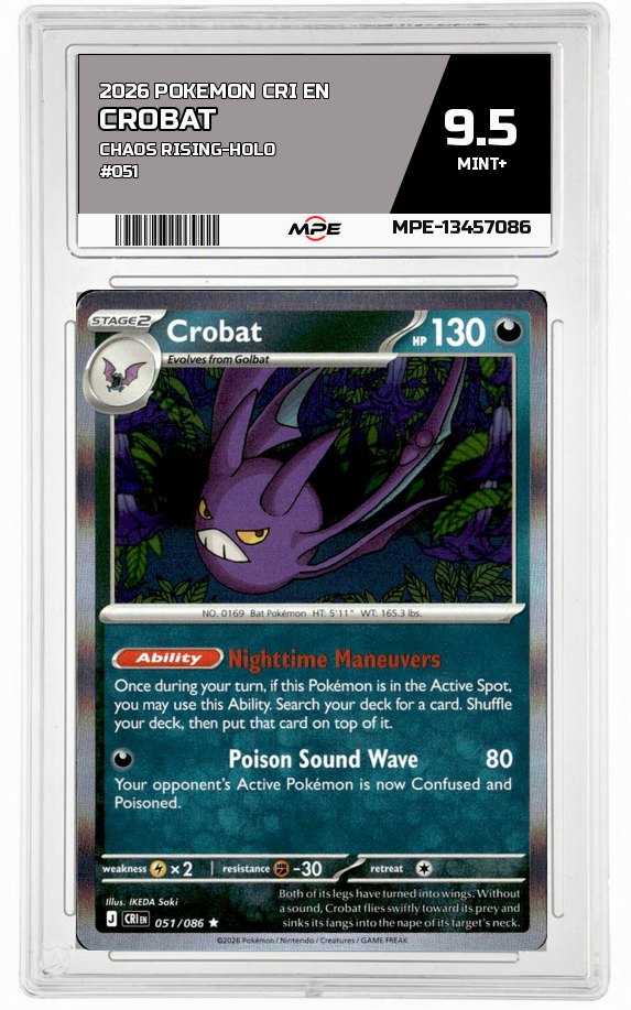 2026 POKEMON CRI EN Chaos Rising-HOLO #051 CROBAT MPE 9.5 MINT+ — graded card auctioned from the MPE vault