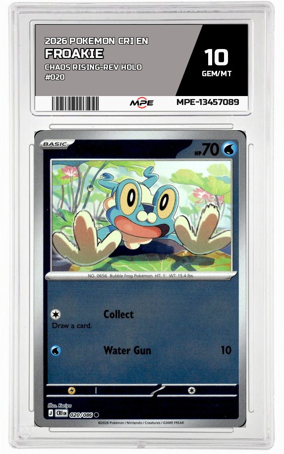 2026 POKEMON CRI EN Chaos Rising-REV HOLO #020 FROAKIE MPE 10 GEM/MT — graded card auctioned from the MPE vault