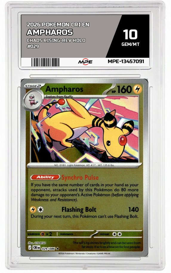 2026 POKEMON CRI EN Chaos Rising-REV HOLO #029 AMPHAROS MPE 10 GEM/MT — graded card auctioned from the MPE vault