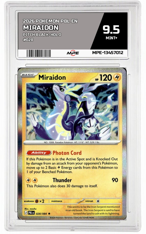 2026 POKEMON PBL EN Pitch Black-HOLO #028 MIRAIDON MPE 9.5 MINT+ — graded card auctioned from the MPE vault