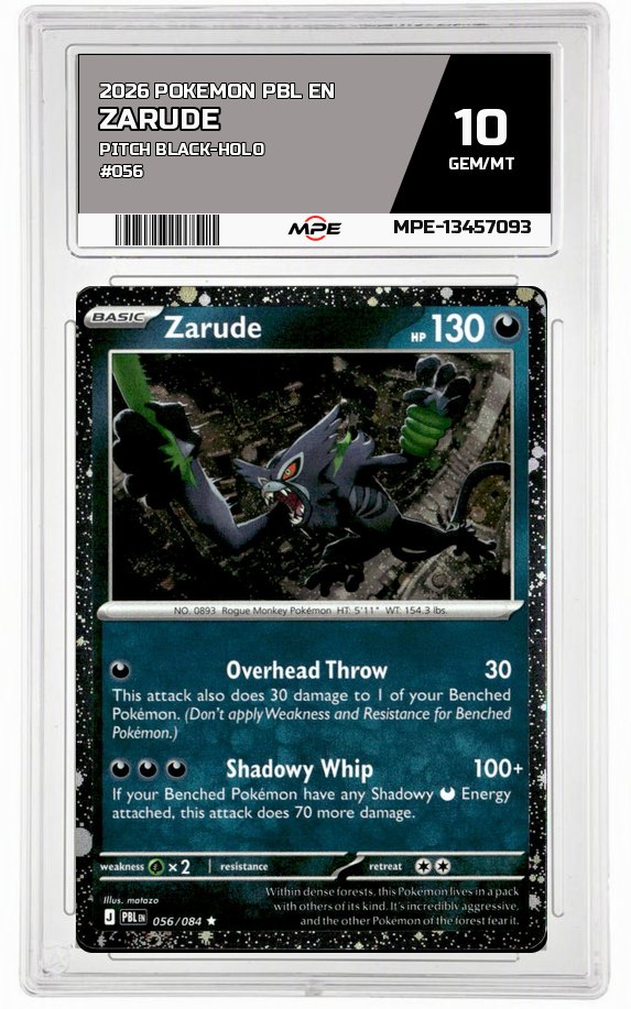 2026 POKEMON PBL EN Pitch Black-HOLO #056 ZARUDE MPE 10 GEM/MT — graded card auctioned from the MPE vault