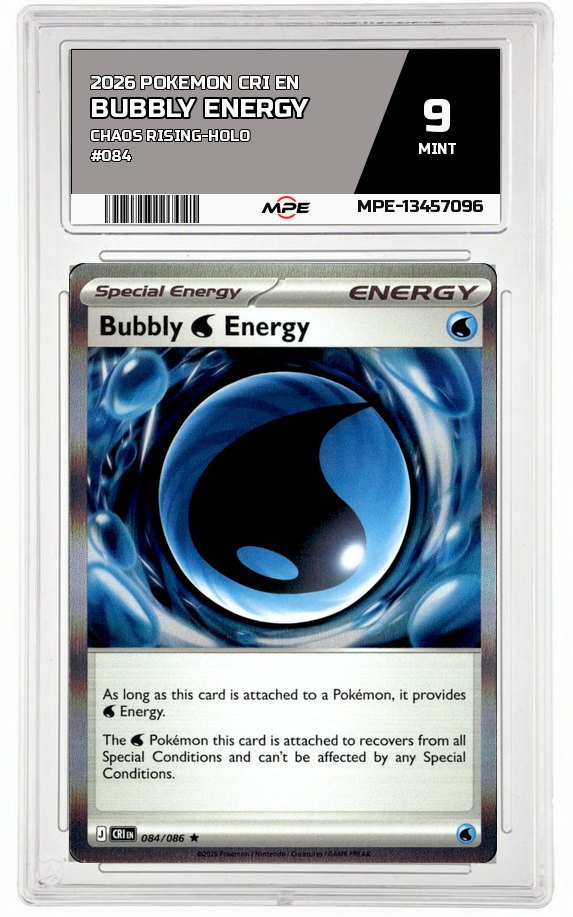 2026 POKEMON CRI EN Chaos Rising-HOLO #084 BUBBLY ENERGY MPE 9 MINT — graded card auctioned from the MPE vault