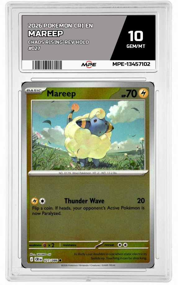 2026 POKEMON CRI EN Chaos Rising-REV HOLO #027 MAREEP MPE 10 GEM/MT — graded card auctioned from the MPE vault