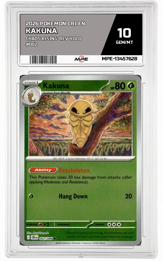 2026 POKEMON CRI EN CHAOS RISING-REV HOLO #002 Kakuna MPE 10 GEM/MT — graded card auctioned from the MPE vault