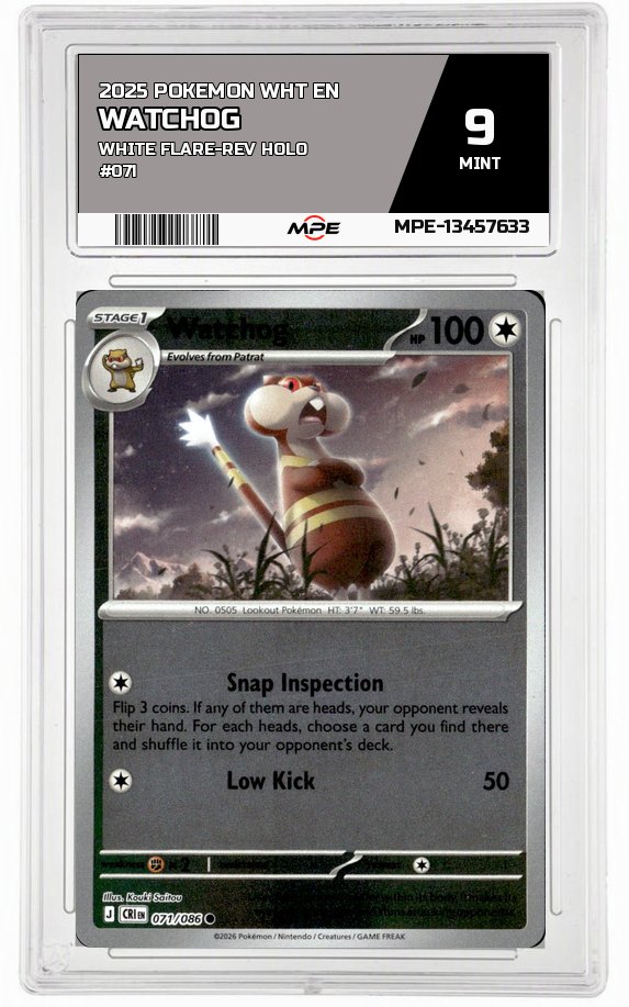 2025 POKEMON WHT EN WHITE FLARE-REV HOLO #071 Watchog MPE 9 MINT — graded card auctioned from the MPE vault