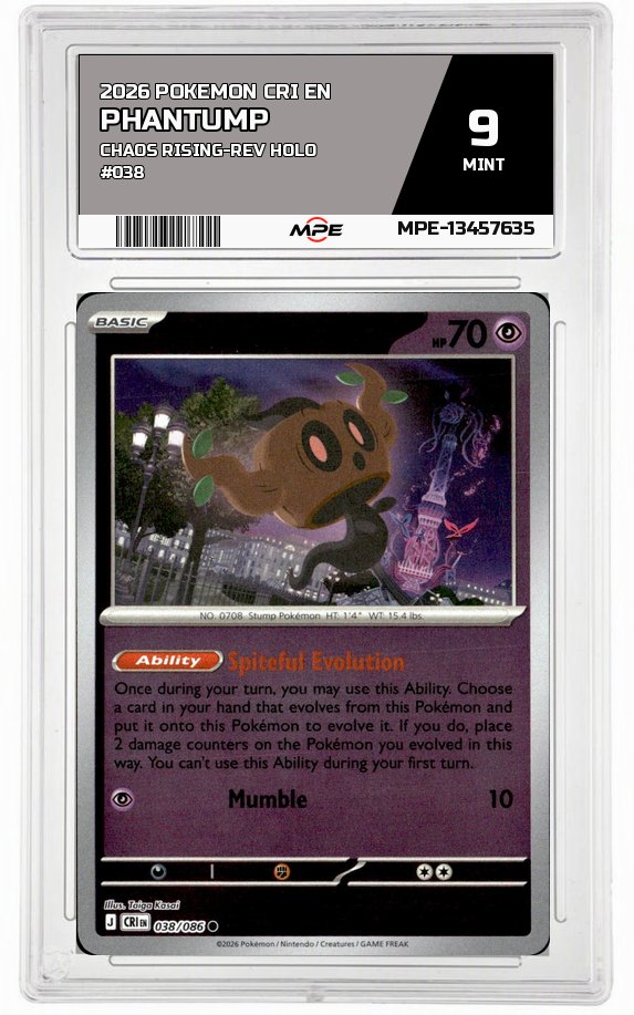 2026 POKEMON CRI EN CHAOS RISING-REV HOLO #038 Phantump MPE 9 MINT — graded card auctioned from the MPE vault