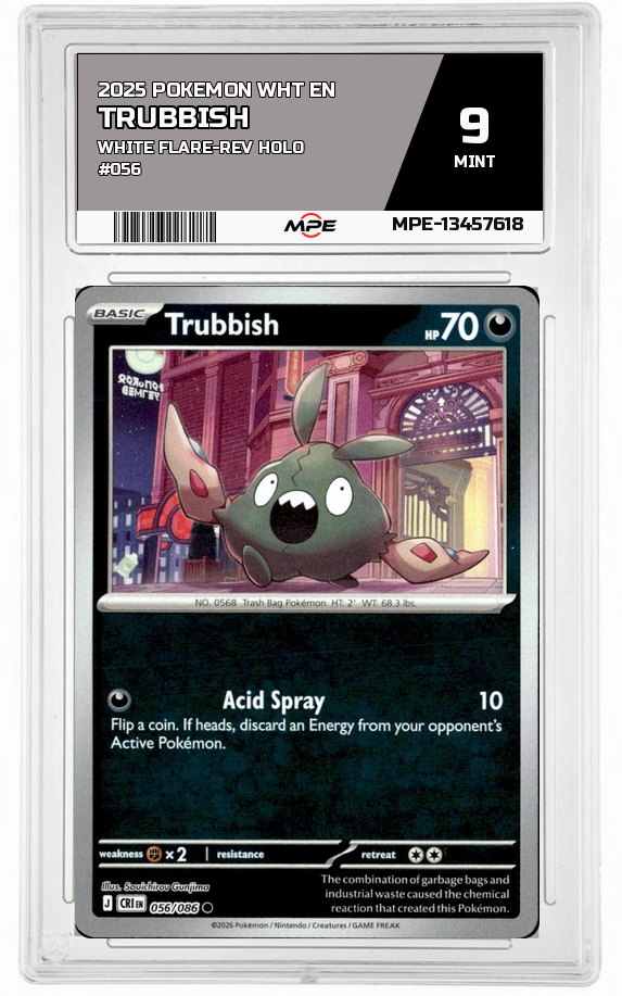 2025 POKEMON WHT EN WHITE FLARE-REV HOLO #056 TRUBBISH MPE 9 MINT — graded card auctioned from the MPE vault
