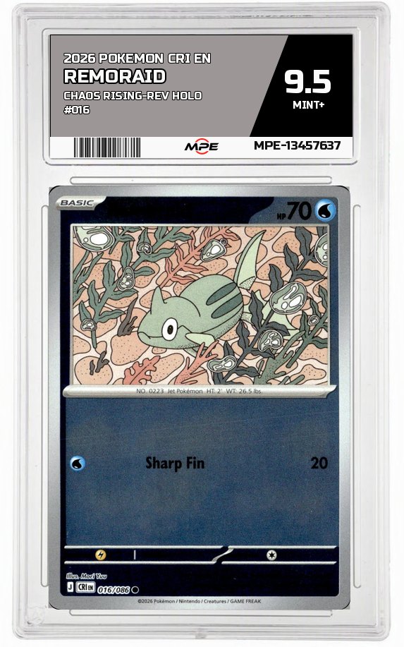 2026 POKEMON CRI EN CHAOS RISING-REV HOLO #016 Remoraid MPE 9.5 MINT+ — graded card auctioned from the MPE vault