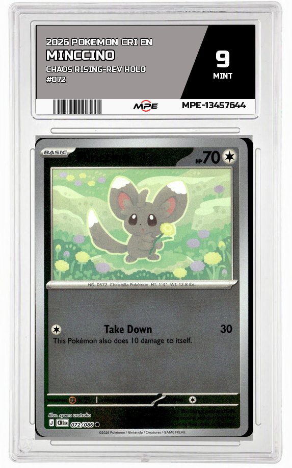 2026 POKEMON CRI EN CHAOS RISING-REV HOLO #072 Minccino MPE 9 MINT — graded card auctioned from the MPE vault