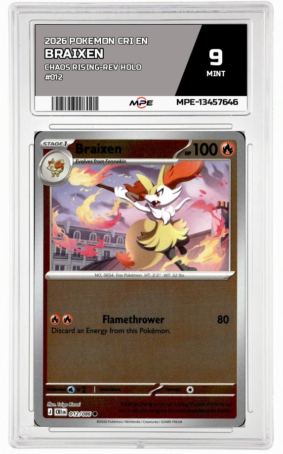 2026 POKEMON CRI EN CHAOS RISING-REV HOLO #012 Braixen MPE 9 MINT — graded card auctioned from the MPE vault