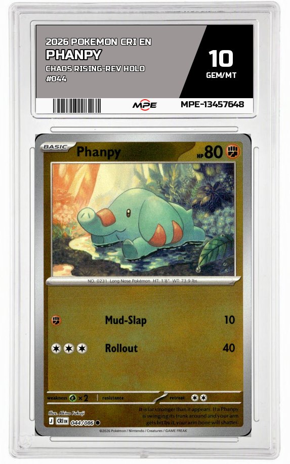 2026 POKEMON CRI EN CHAOS RISING-REV HOLO #044 Phanpy MPE 10 GEM/MT — graded card auctioned from the MPE vault