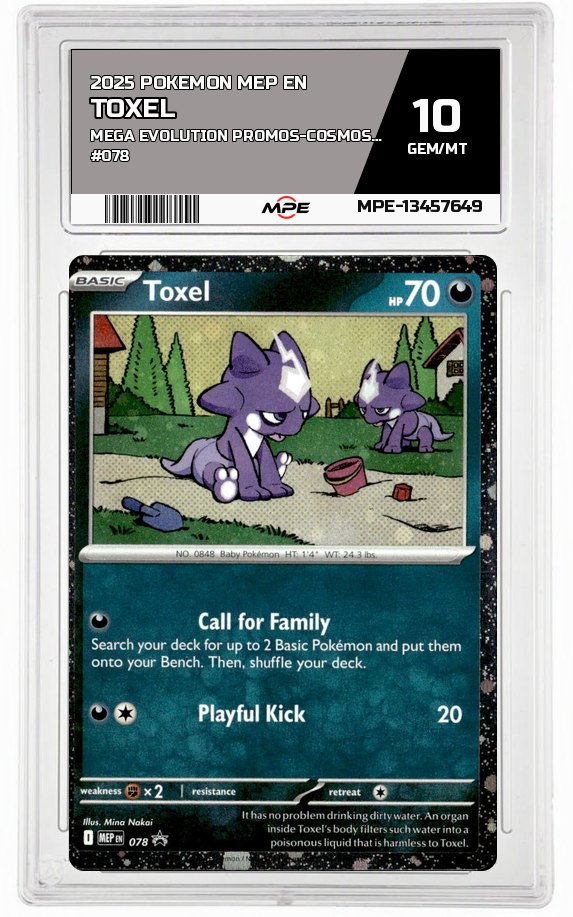 2025 POKEMON MEP EN MEGA EVOLUTION PROMOS-COSMOS HOLO #078 TOXEL MPE 10 GEM/MT — graded card auctioned from the MPE vault