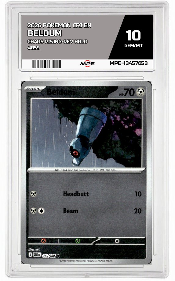 2026 POKEMON CRI EN CHAOS RISING-REV HOLO #059 BELDUM MPE 10 GEM/MT — graded card auctioned from the MPE vault