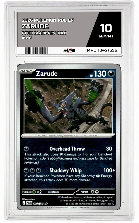 2026 POKEMON PBL EN PITCH BLACK-REV HOLO #056 Zarude MPE 10 GEM/MT — graded card auctioned from the MPE vault