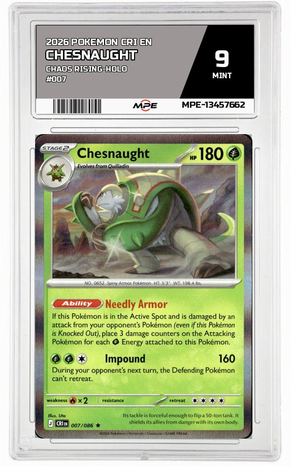 2026 POKEMON CRI EN CHAOS RISING-HOLO #007 Chesnaught MPE 9 MINT — graded card auctioned from the MPE vault
