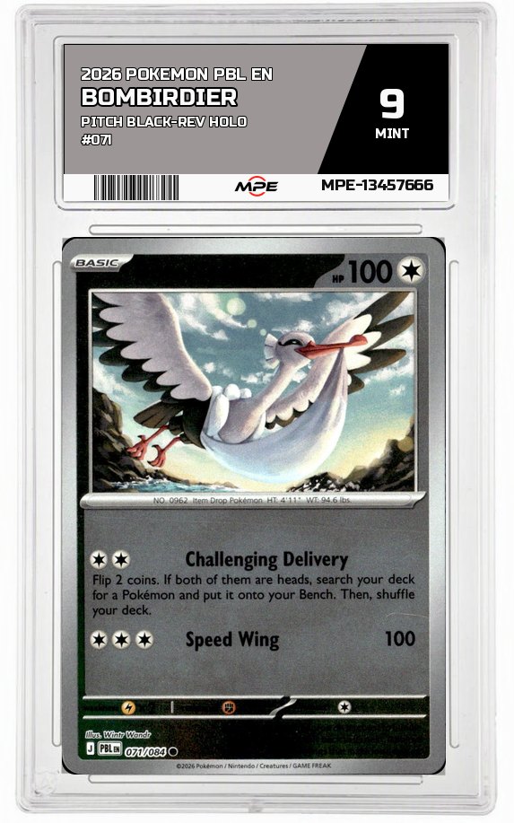 2026 POKEMON PBL EN PITCH BLACK-REV HOLO #071 Bombirdier MPE 9 MINT — graded card auctioned from the MPE vault