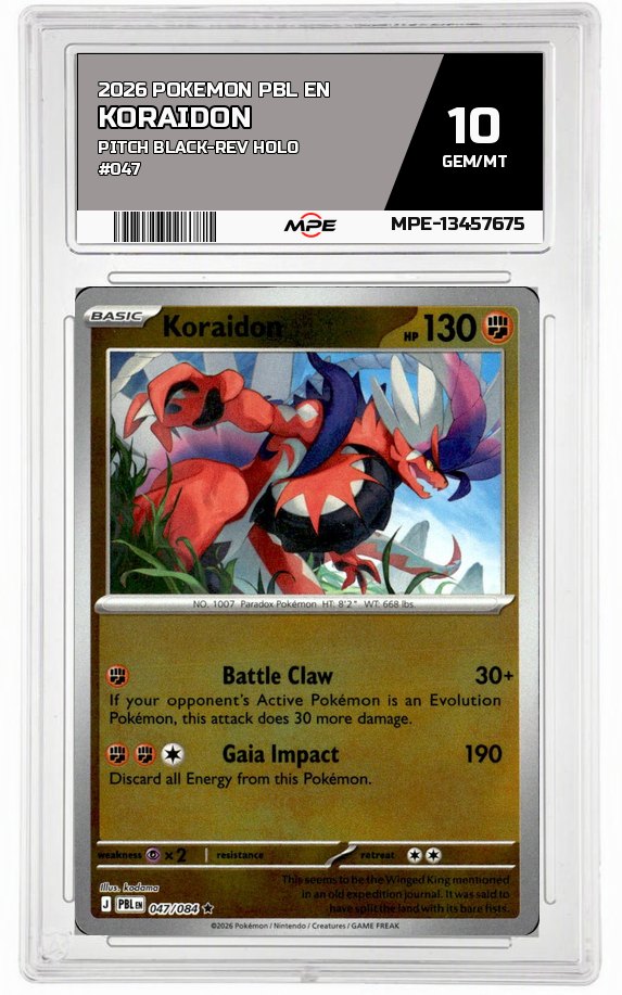 2026 POKEMON PBL EN PITCH BLACK-REV HOLO #047 Koraidon MPE 10 GEM/MT — graded card auctioned from the MPE vault