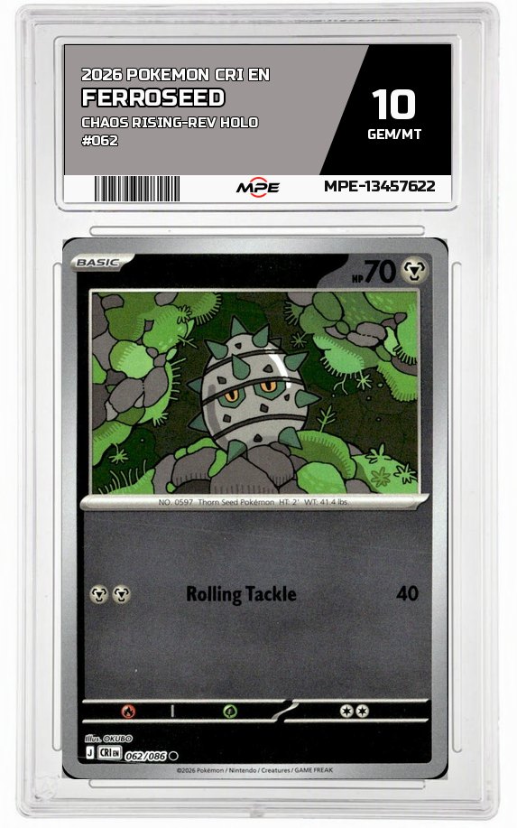 2026 POKEMON CRI EN CHAOS RISING-REV HOLO #062 Ferroseed MPE 10 GEM/MT — graded card auctioned from the MPE vault