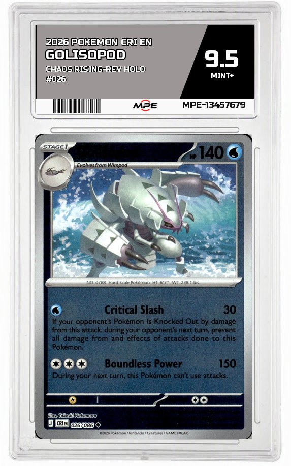 2026 POKEMON CRI EN CHAOS RISING-REV HOLO #026 GOLISOPOD MPE 9.5 MINT+ — graded card auctioned from the MPE vault