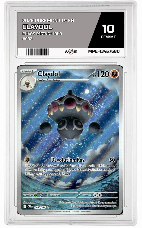 2026 POKEMON CRI EN CHAOS RISING-HOLO #092 CLAYDOL MPE 10 GEM/MT — graded card auctioned from the MPE vault