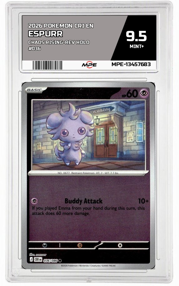 2026 POKEMON CRI EN CHAOS RISING-REV HOLO #036 ESPURR MPE 9.5 MINT+ — graded card auctioned from the MPE vault
