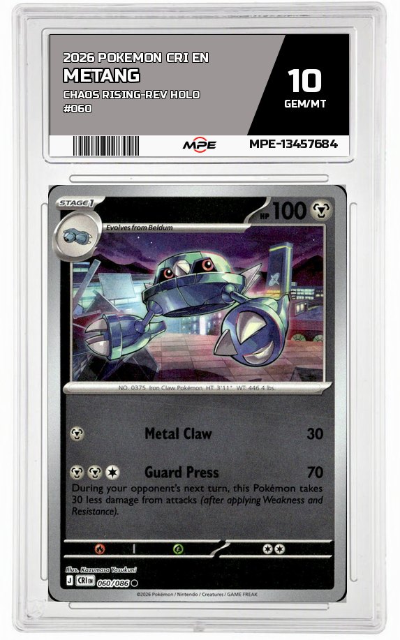 2026 POKEMON CRI EN CHAOS RISING-REV HOLO #060 METANG MPE 10 GEM/MT — graded card auctioned from the MPE vault