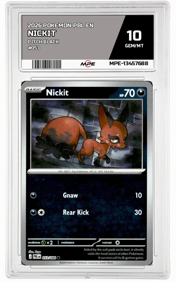 2026 POKEMON PBL EN PITCH BLACK #053 Nickit MPE 10 GEM/MT — graded card auctioned from the MPE vault