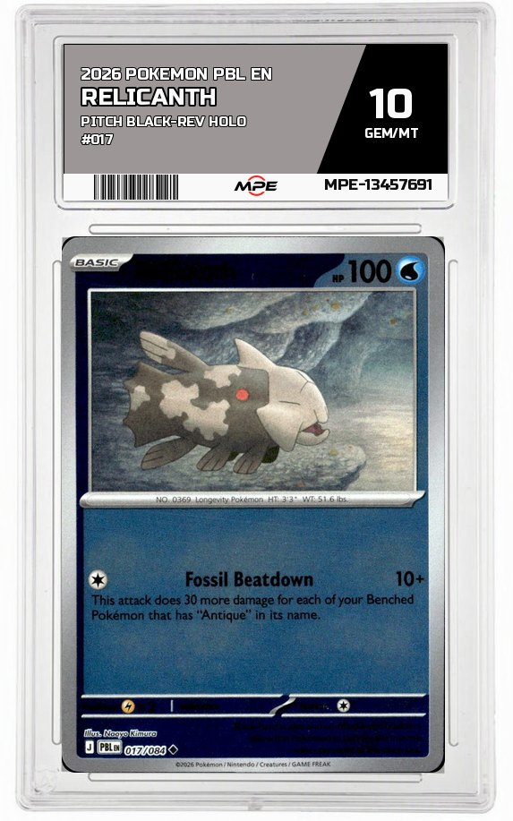 2026 POKEMON PBL EN PITCH BLACK-REV HOLO #017 Relicanth MPE 10 GEM/MT — graded card auctioned from the MPE vault
